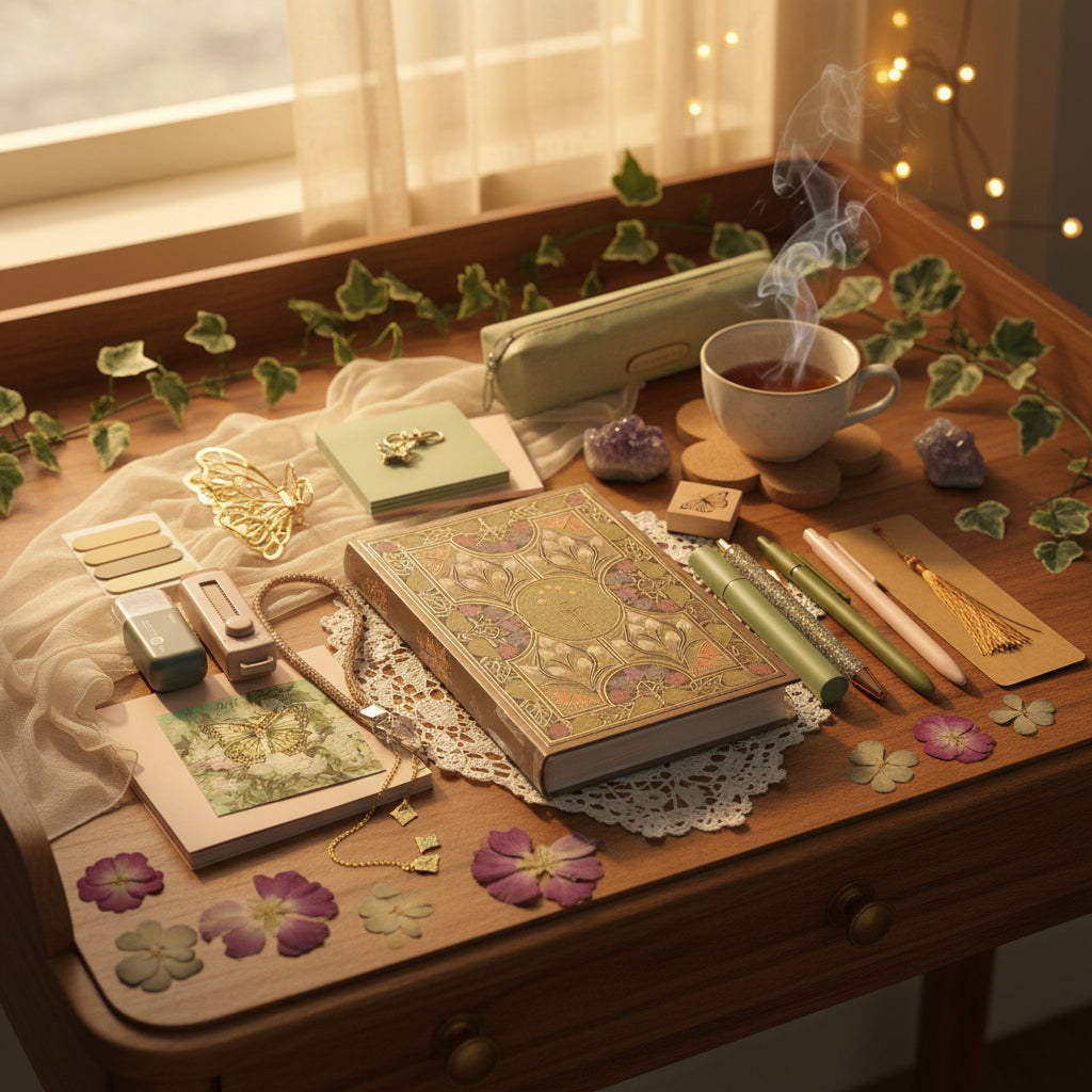 Deluxe Whimsical Kit containing a textured, designed or artistic journal with 20 items in a cohesive theme and aesthetic.